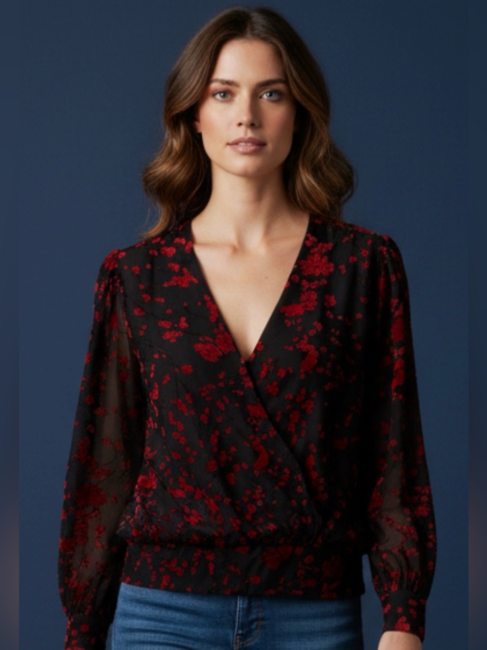 Zara Black Velvet Blouse with Red Floral Pattern